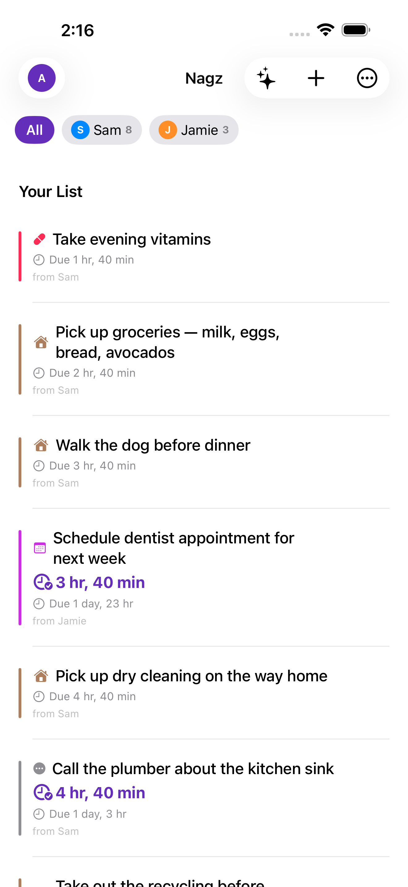 Nag list showing tasks from Sam and Jamie