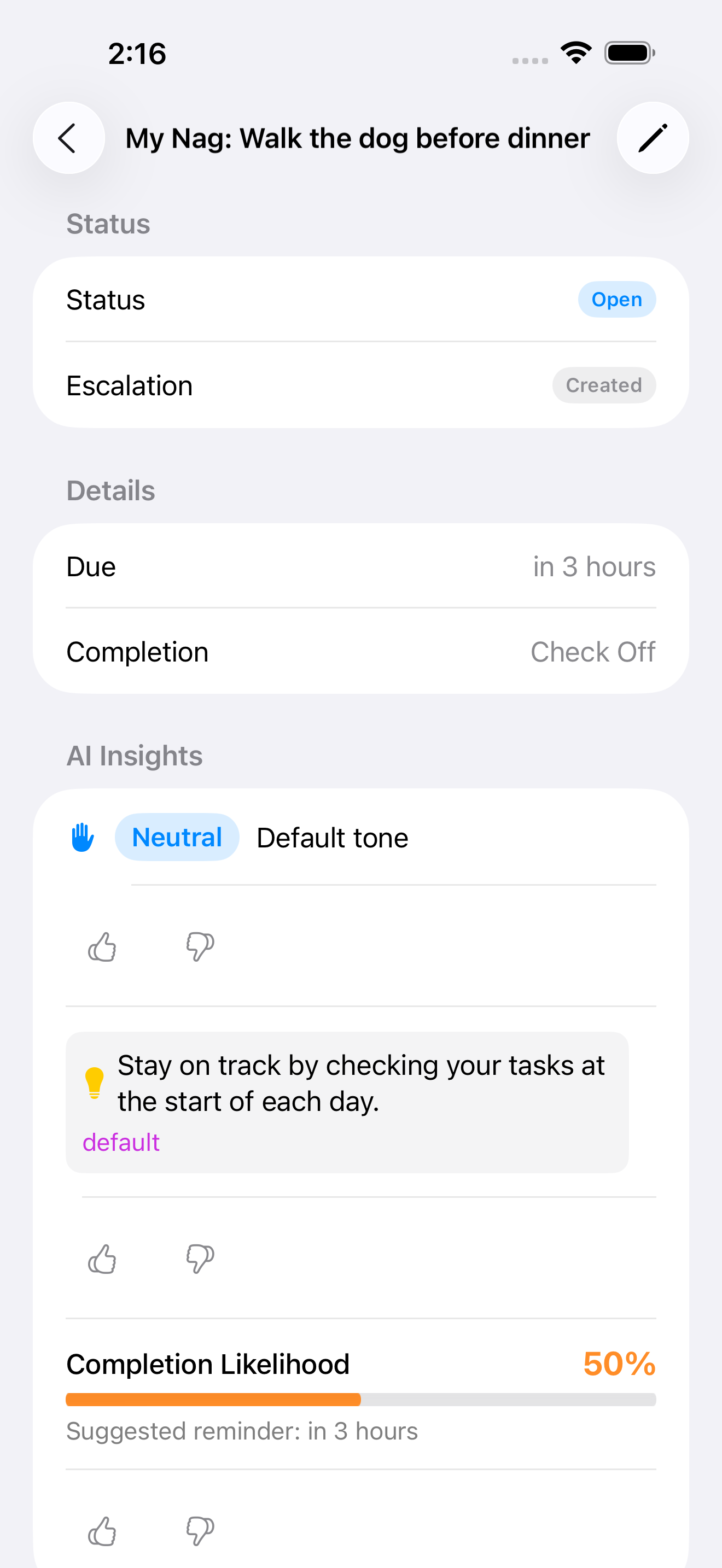 Task detail with AI insights and completion likelihood
