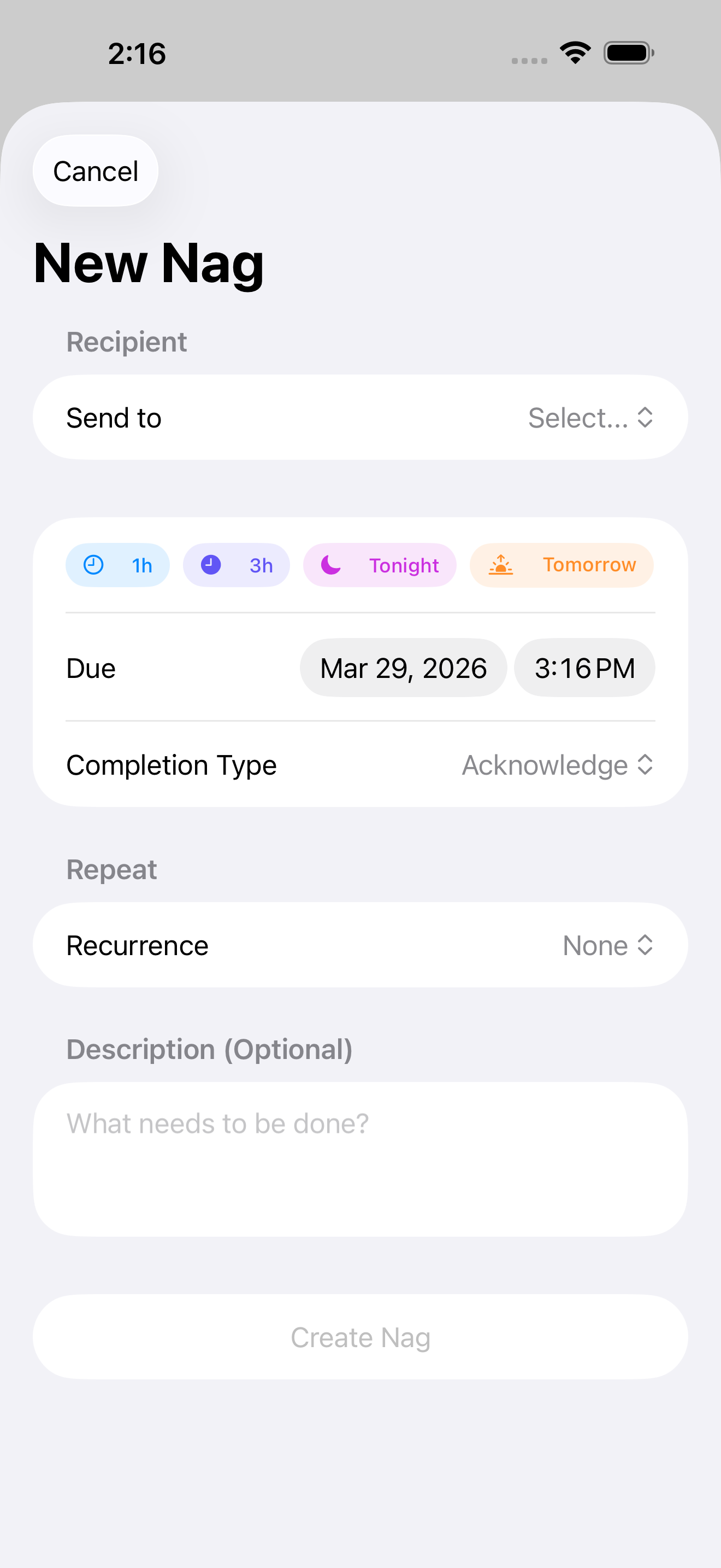 Create a new nag with quick time buttons